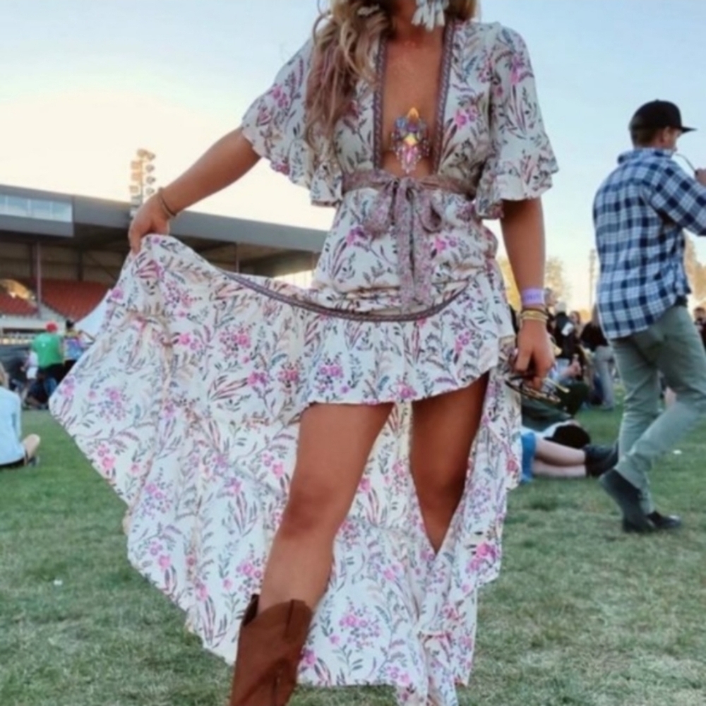 Pink, Floral Bohemian, V Neck, Short Sleeve, Maxi Dress